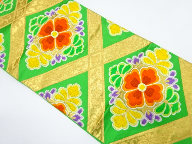 アンティーク　斜め格子に華紋織り出し袋帯（着用可）